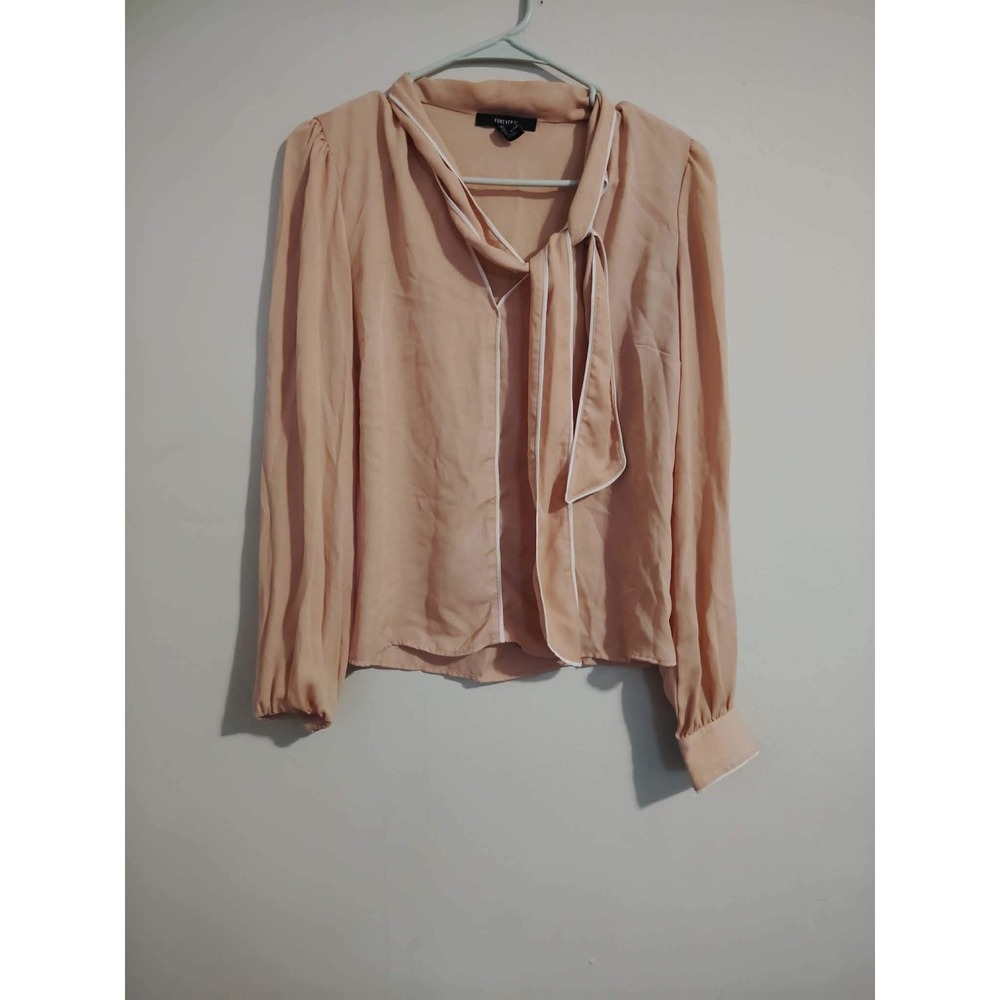 Forever 21 Peach Blouse Long Sleeve‎ Contrast Pipe Tie Neck Top Small